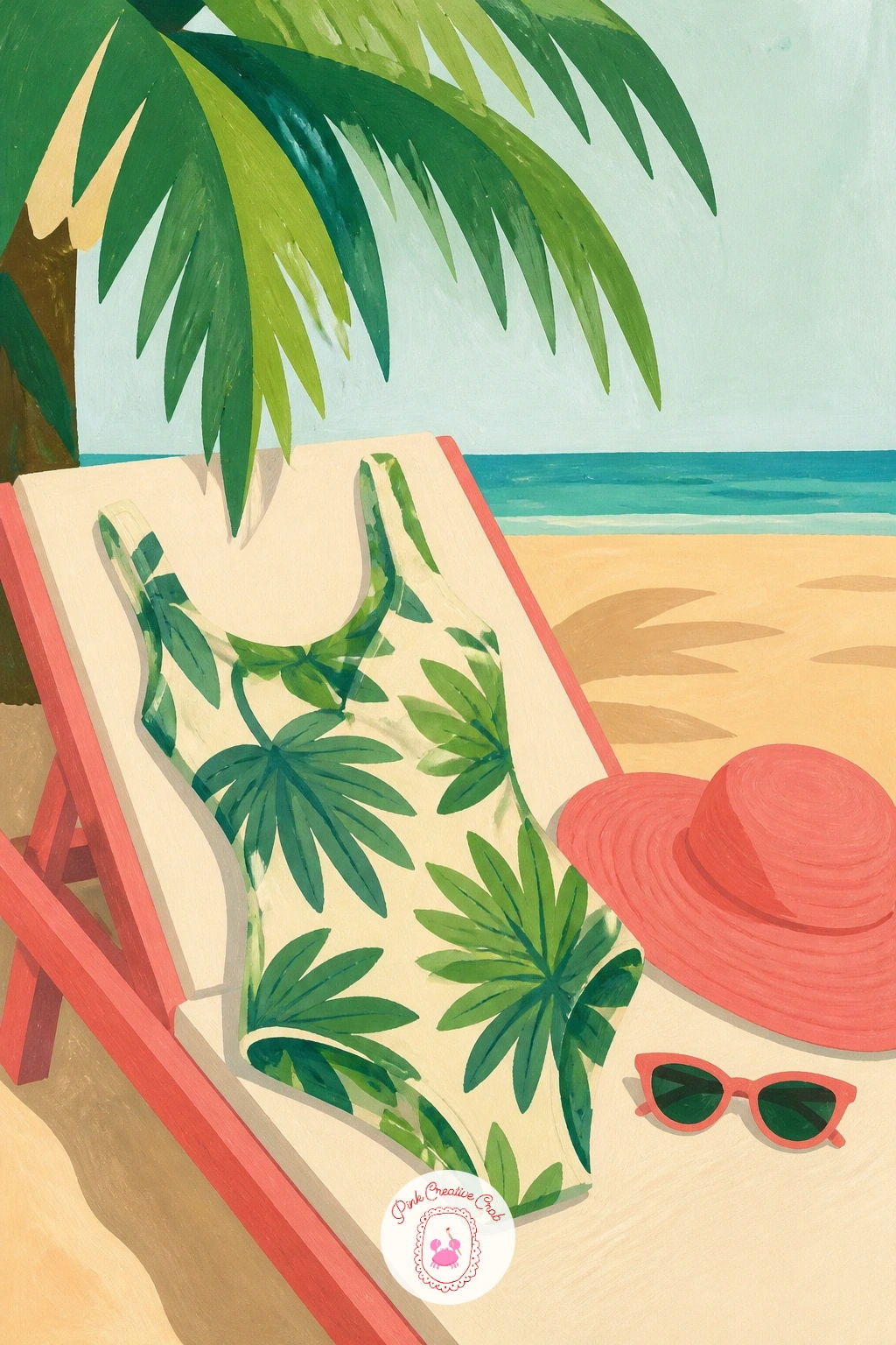 A Palm-Print Swimsuit On A Sun Lounger — Bring the pattern work back for a palm-print swimsuit laid out on an empty sun lounger. Palm tree painting