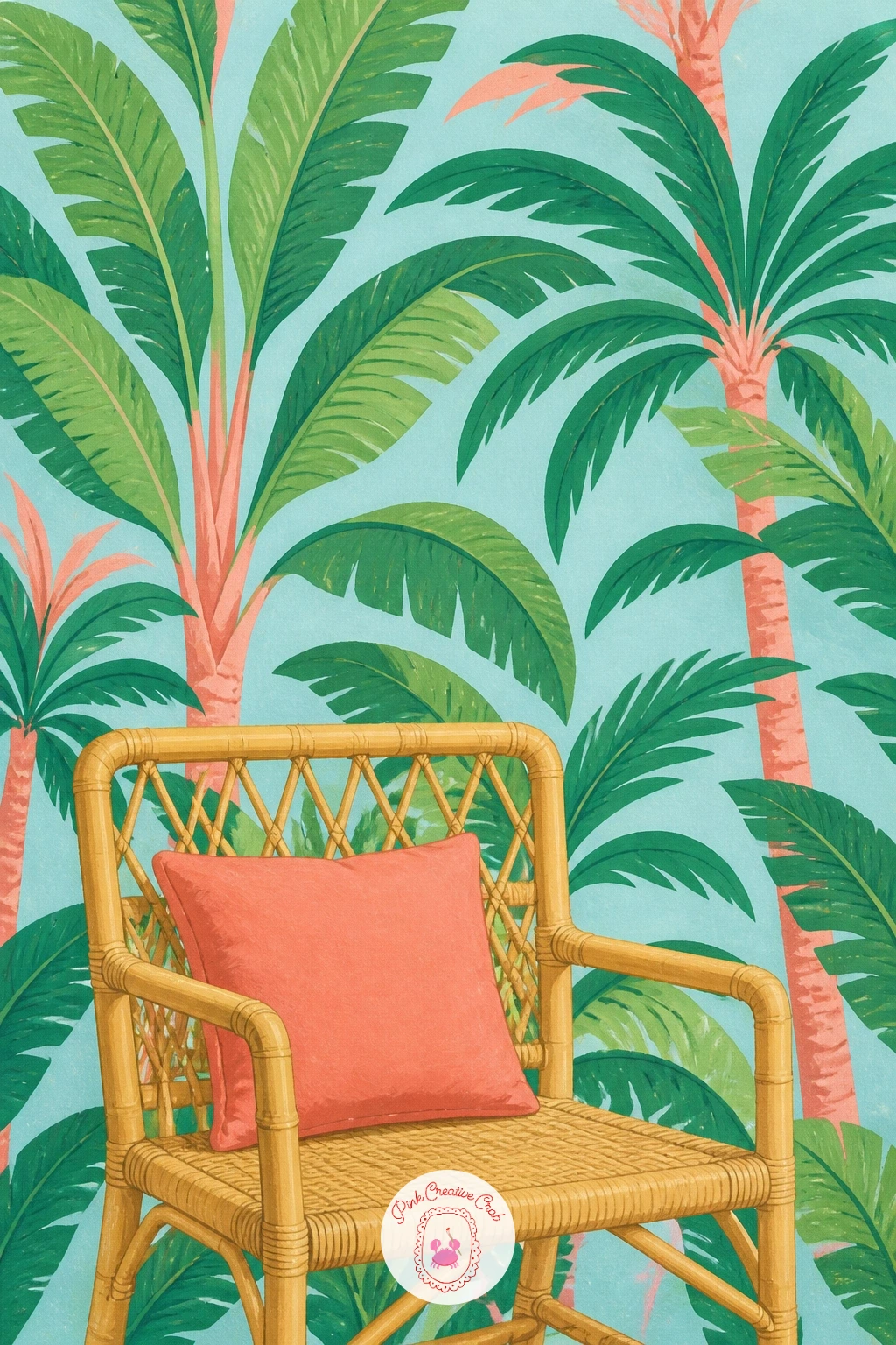 Palm Wallpaper Behind A Bamboo Chair — Finish the Glam Cabana sweep back indoors with a bold palm wallpaper pattern behind a bamboo chair. Palm tree painting