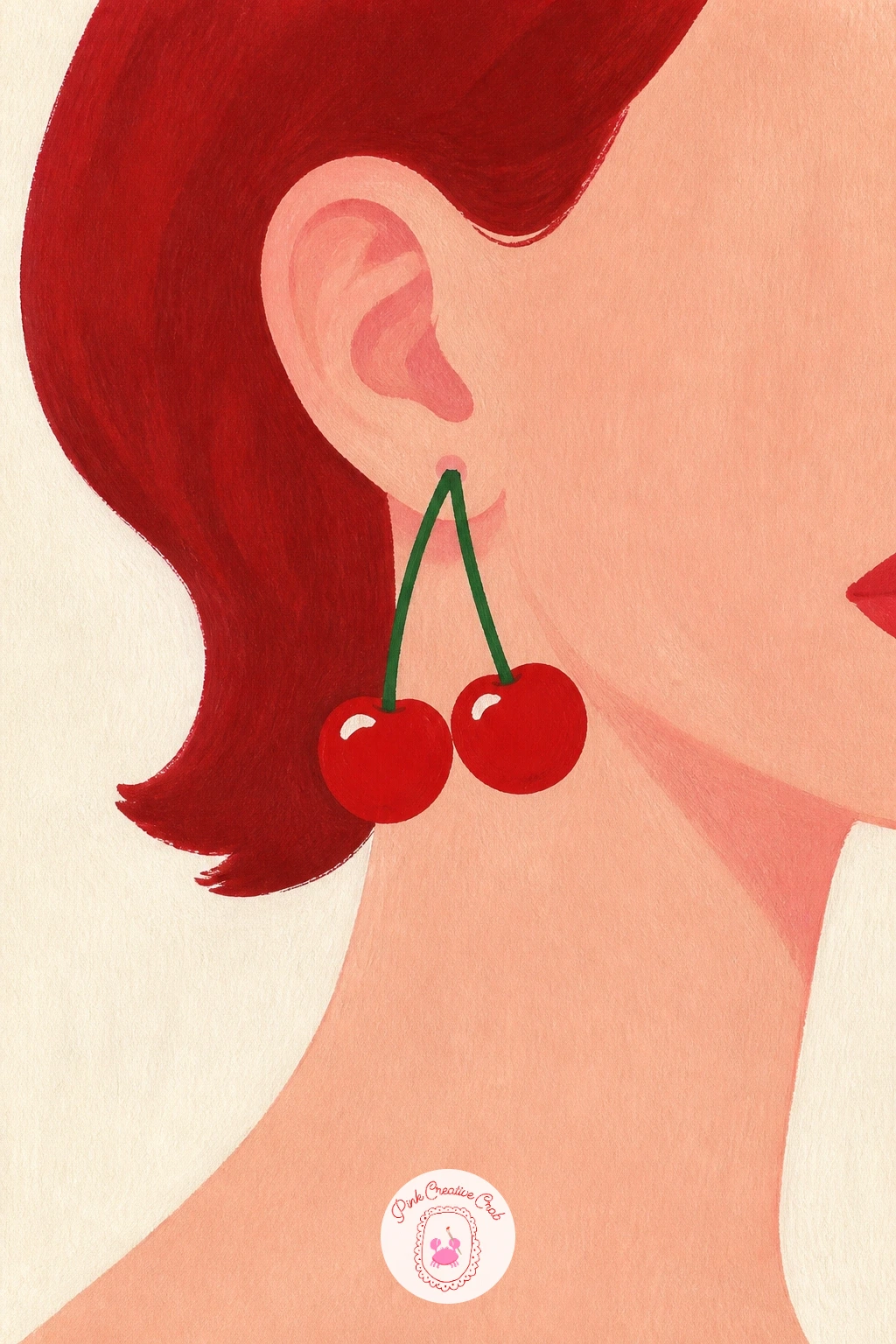 Cherry Earrings On A Girl — Start simple: a pair of cherries hanging from a girl's ear like earrings is really just two circles and a stem, so it is a