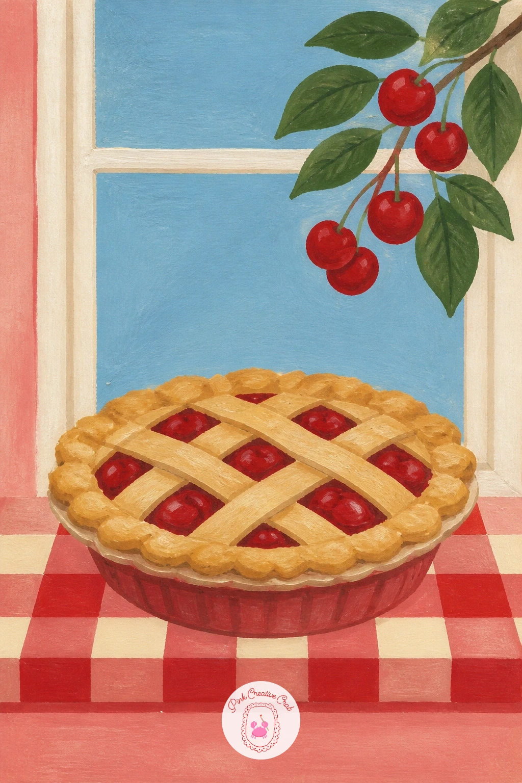 Cherry Pie On A Windowsill — Move from jewelry to the kitchen with a cherry pie cooling on a checkered windowsill, a classic cherry painting scene that works