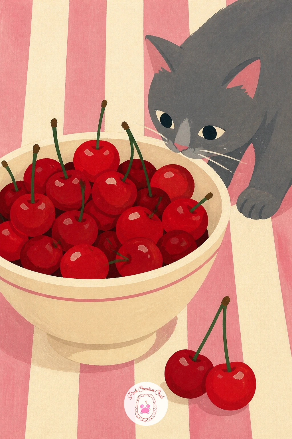 Bowl Of Cherries With A Curious Cat — Give the scene a little story with a bowl of cherries on a striped tablecloth with a cat sniffing it, which adds life