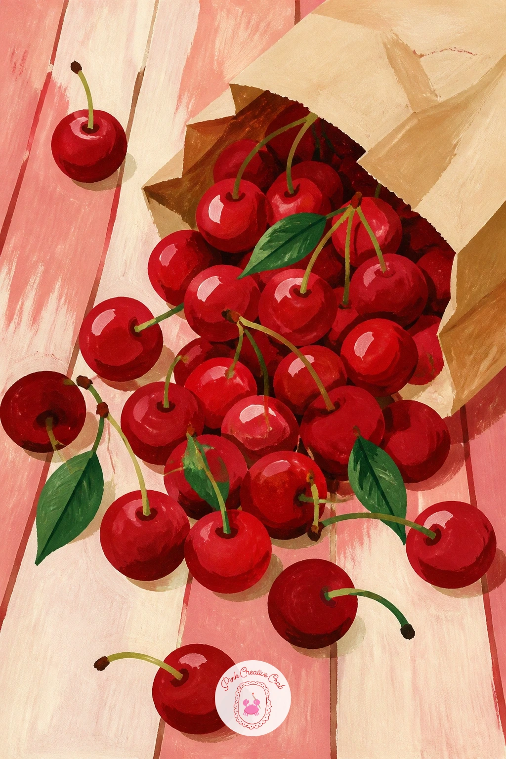 Cherries Spilling From A Paper Bag — Here is where proportion starts to matter: cherries spilling from a paper bag at a fruit stand needs the bag and the fruit