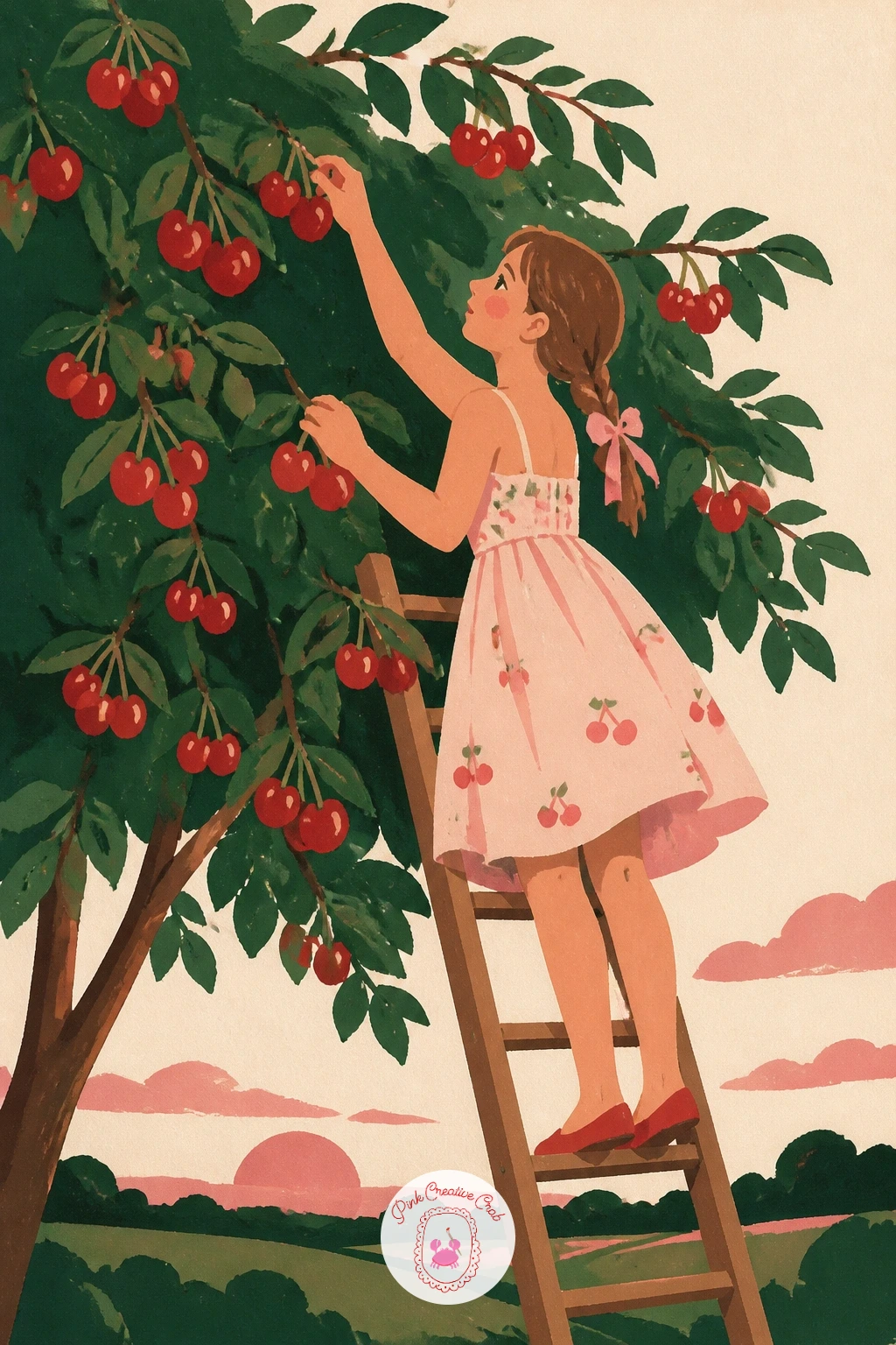 Girl Picking Cherries From A Ladder — Think about eye level here: a girl on a ladder picking cherries from a tree reads best if you paint her from slightly