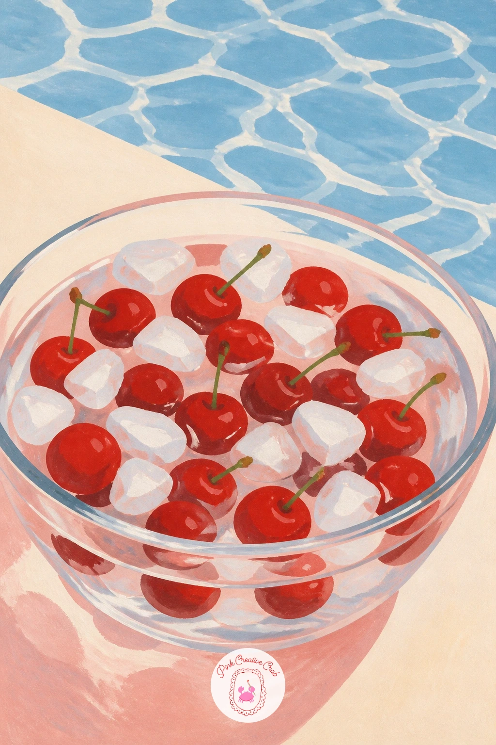 Cherries Floating In Ice Water — Edges are everything in this one: cherries floating in a bowl of ice water by a pool asks you to paint something both solid