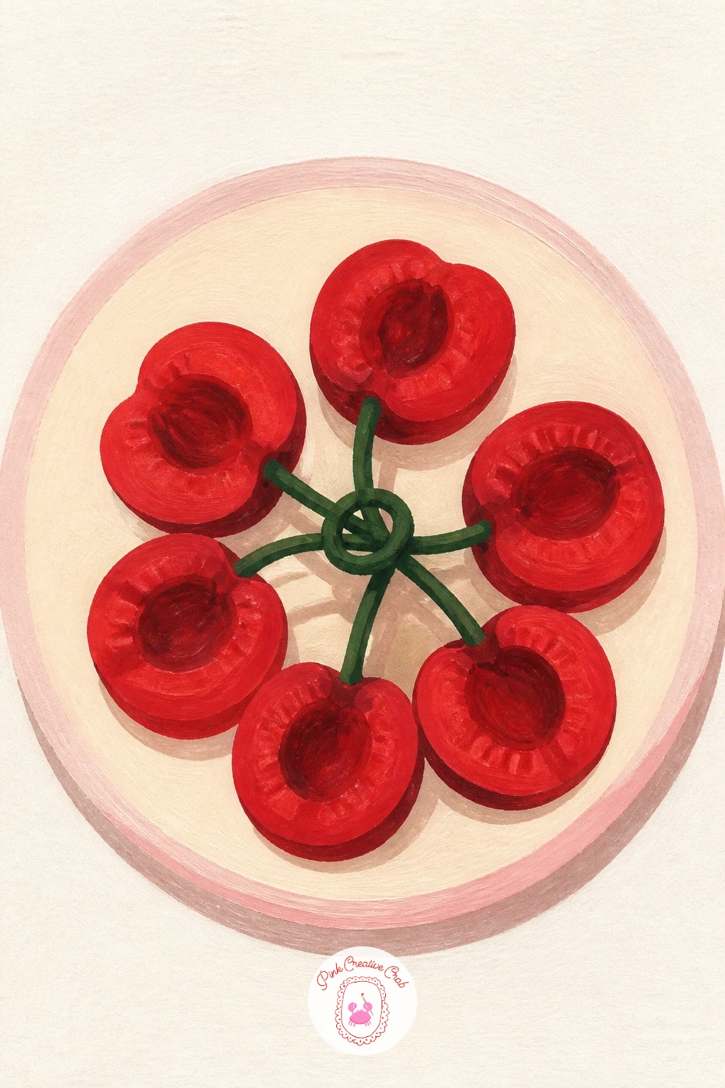 Cherry Stems Tied In A Knot — Here is a lovely still life challenge for texture and edges: cherry stems tied in a knot on a little plate has almost no color