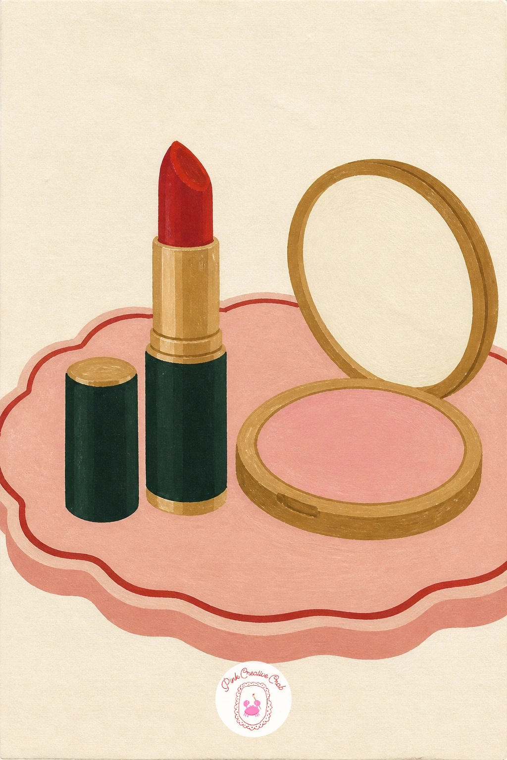 Cherry Red Lipstick On A Vanity Tray — Moving into the second half of the list, a cherry red lipstick and compact on a vanity tray trades fruit for beauty