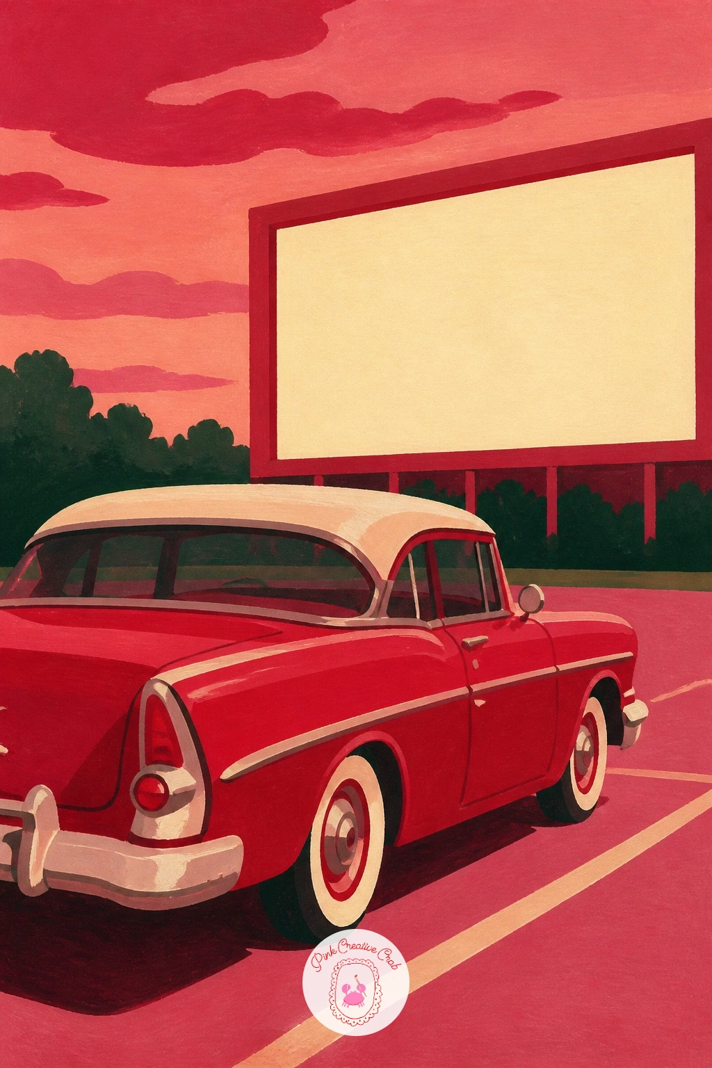 Cherry Red Vintage Car At A Drive In — Perspective carries this scene: a cherry red vintage car at a drive-in reads best painted from a gentle three-quarter