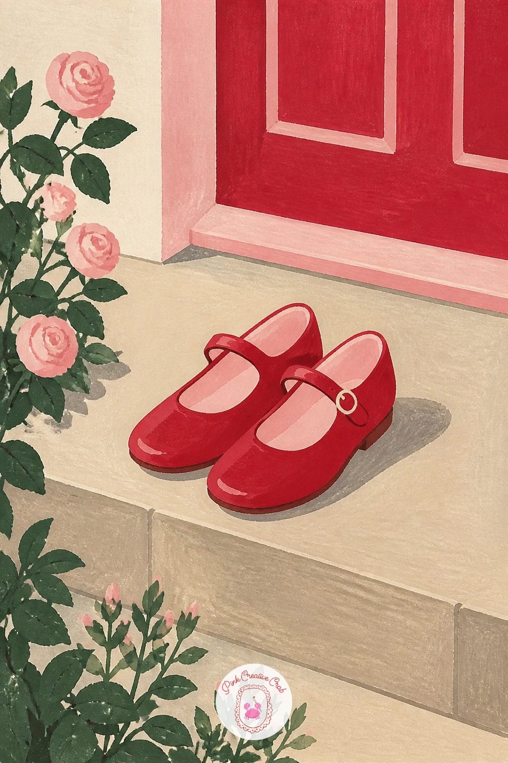 Red Mary Jane Shoes On A Doorstep — Keep the momentum going with red Mary Jane shoes on a doorstep, a small, cozy subject that paints quickly once the