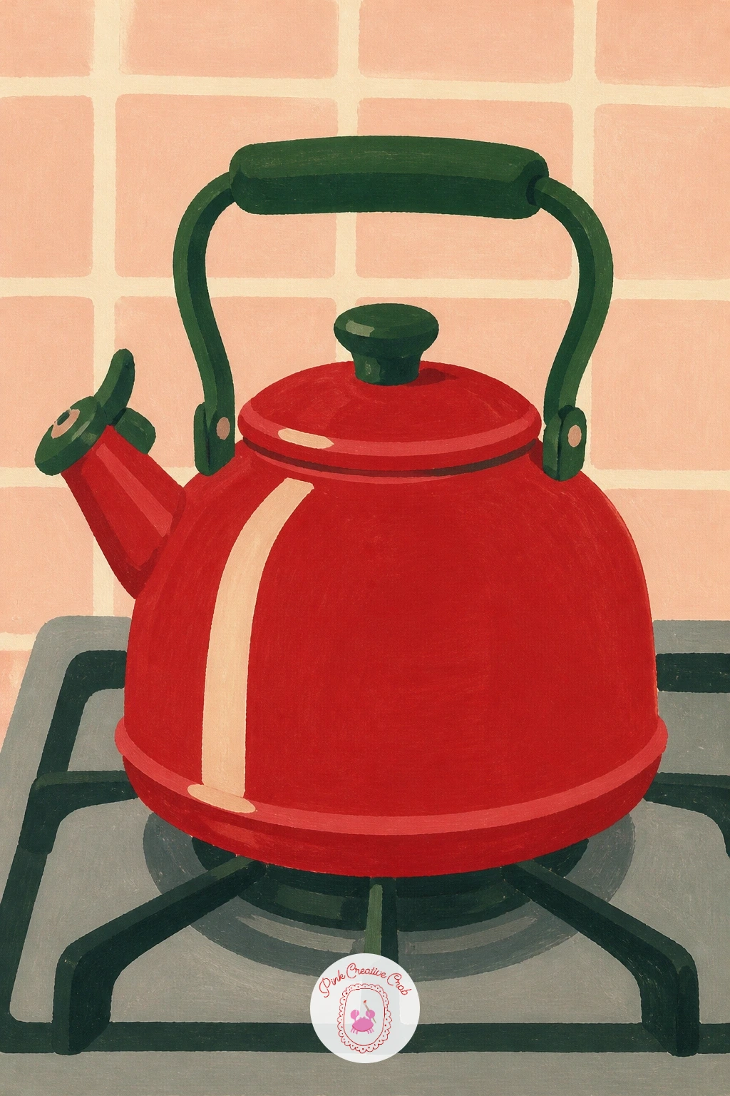 Red Enamel Kettle On A Stove — For texture and edges, a red enamel kettle on a stove is a lovely study in keeping shapes clean against a reflective surface.