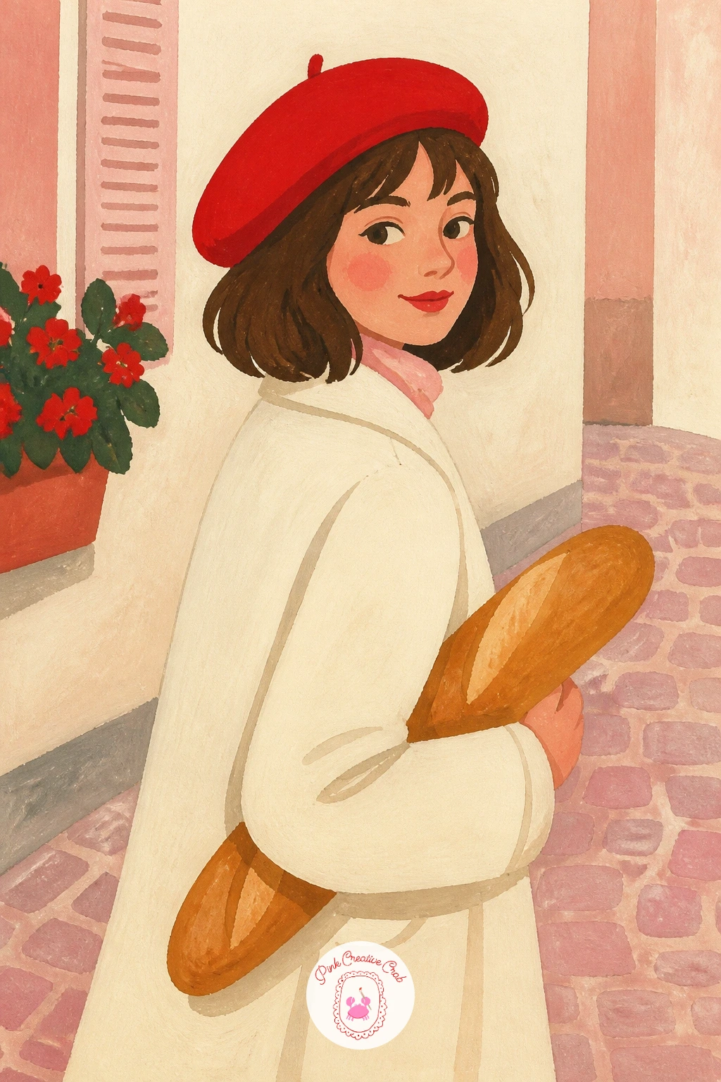 Girl In A Red Beret With A Baguette — Eye level matters again here: a girl in a red beret carrying a baguette reads most charmingly from a gentle front-on or