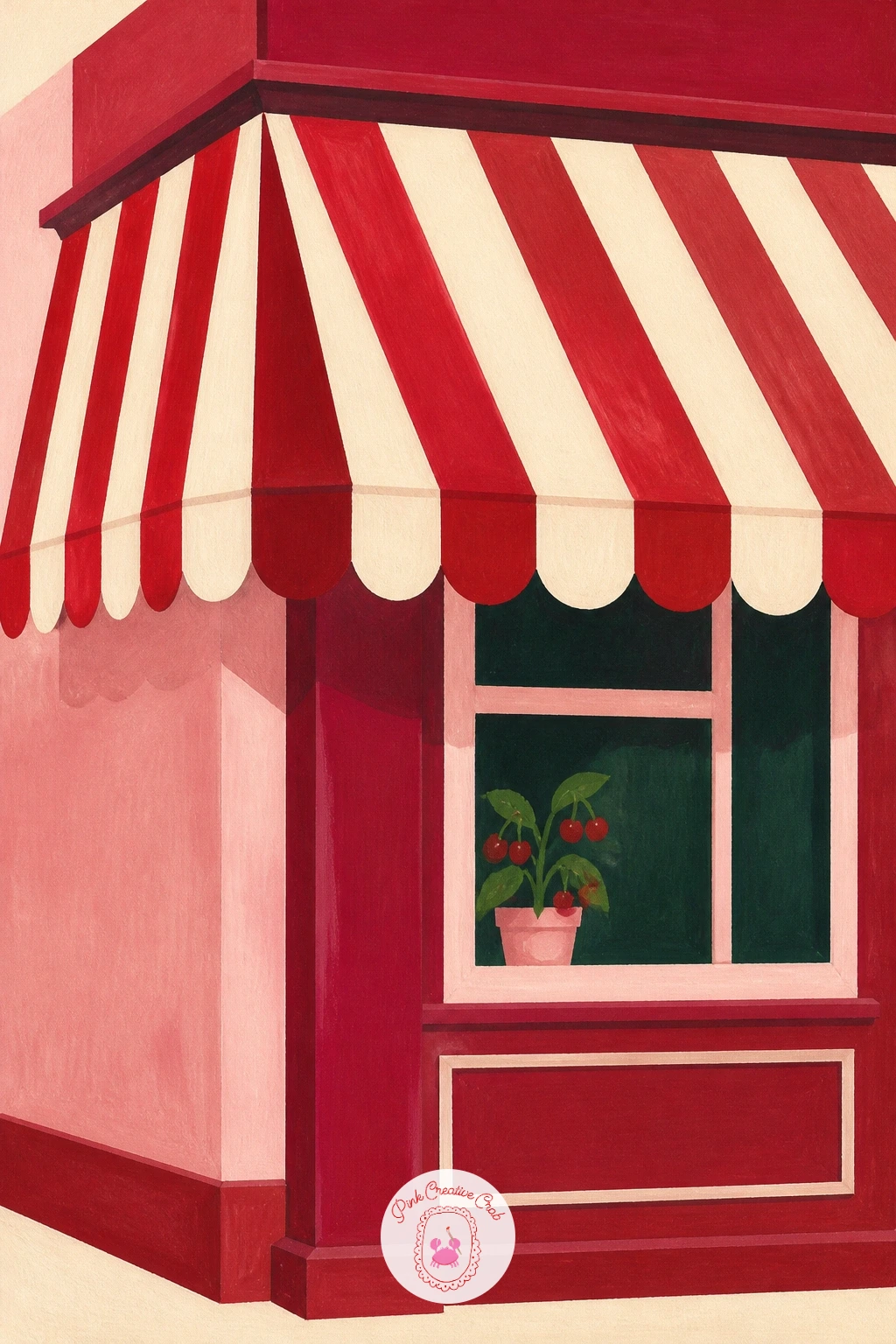 Red Striped Awning Over A Corner Shop — For this one, think about how light flattens a facade: a red striped awning over a corner shop sits best painted