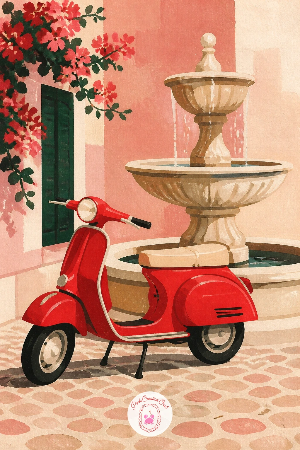 Red Vespa By A Fountain — Perspective comes back into play here: a red Vespa parked by a fountain reads most charmingly from a slight side angle, low enough