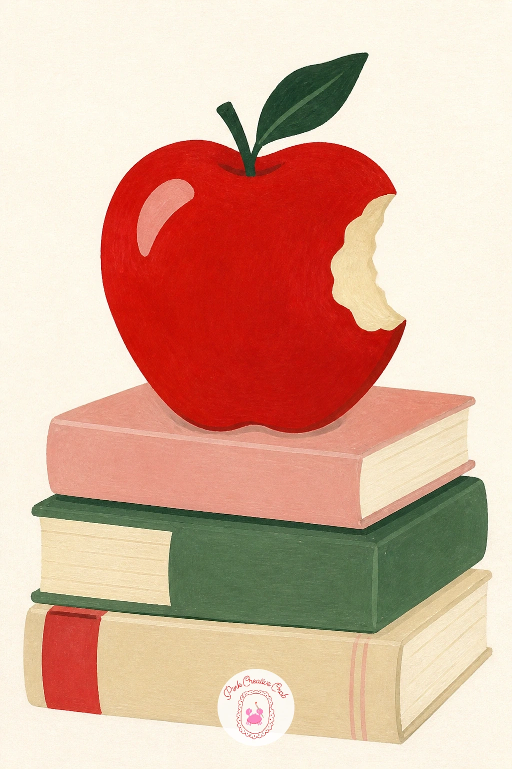 Red Apple With One Bite On Books — For variation practice, a red apple with one bite on a stack of books takes a subject you likely already know and nudges it