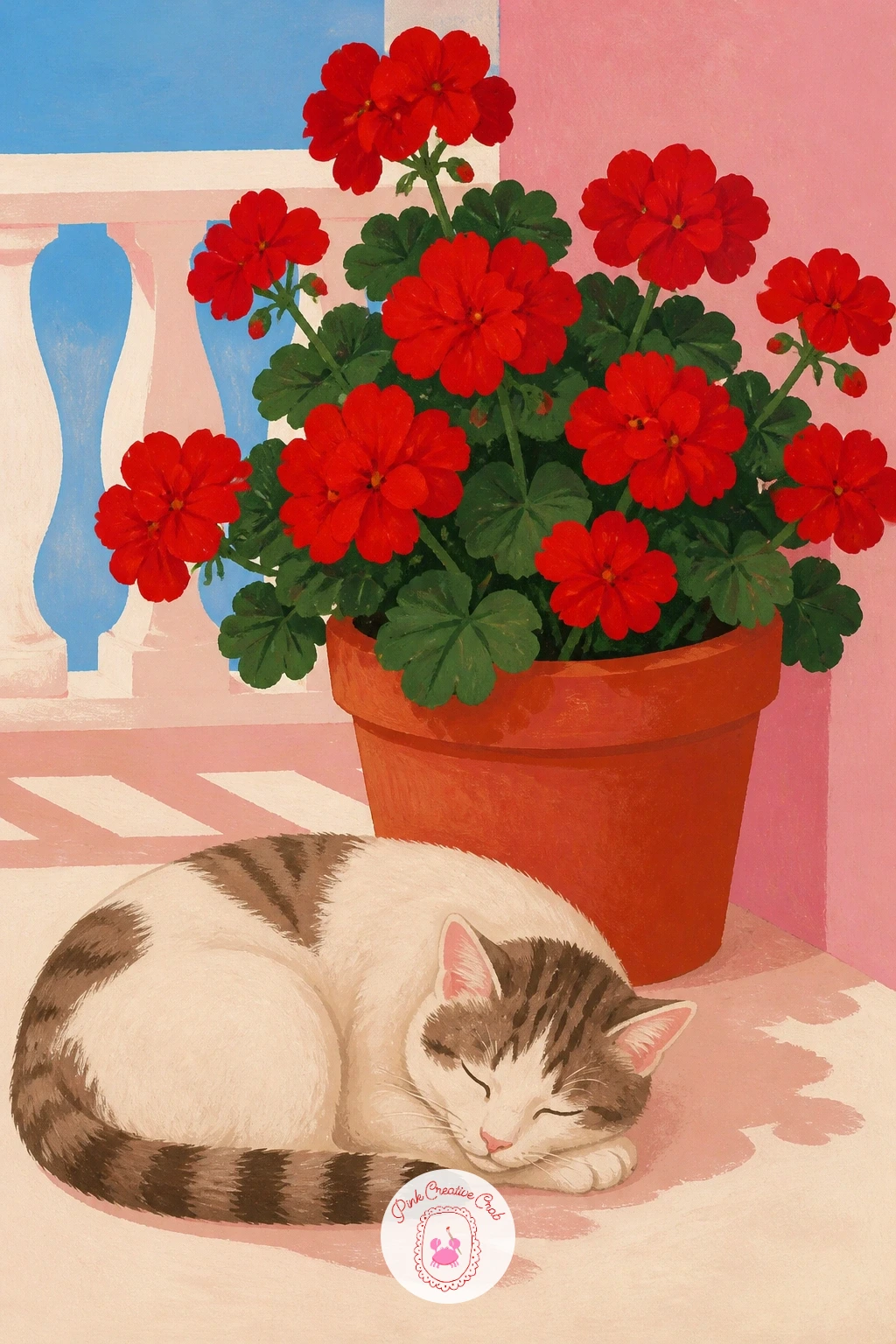Red Geraniums With A Sleeping Cat — Almost at the finish line now: red geraniums on a balcony with a sleeping cat pairs a simple flower study with a relaxed