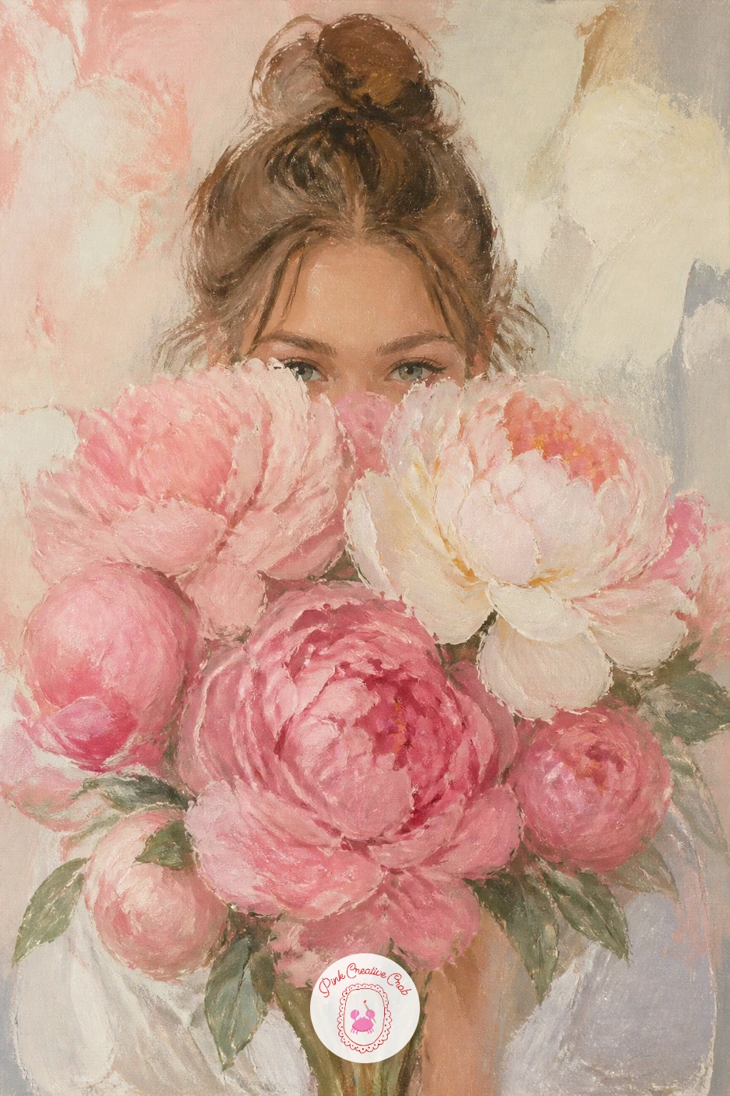 Girl Hiding Her Face Behind Peonies — For something more playful, try a girl hiding her face behind peonies, where the flowers do the work of a portrait