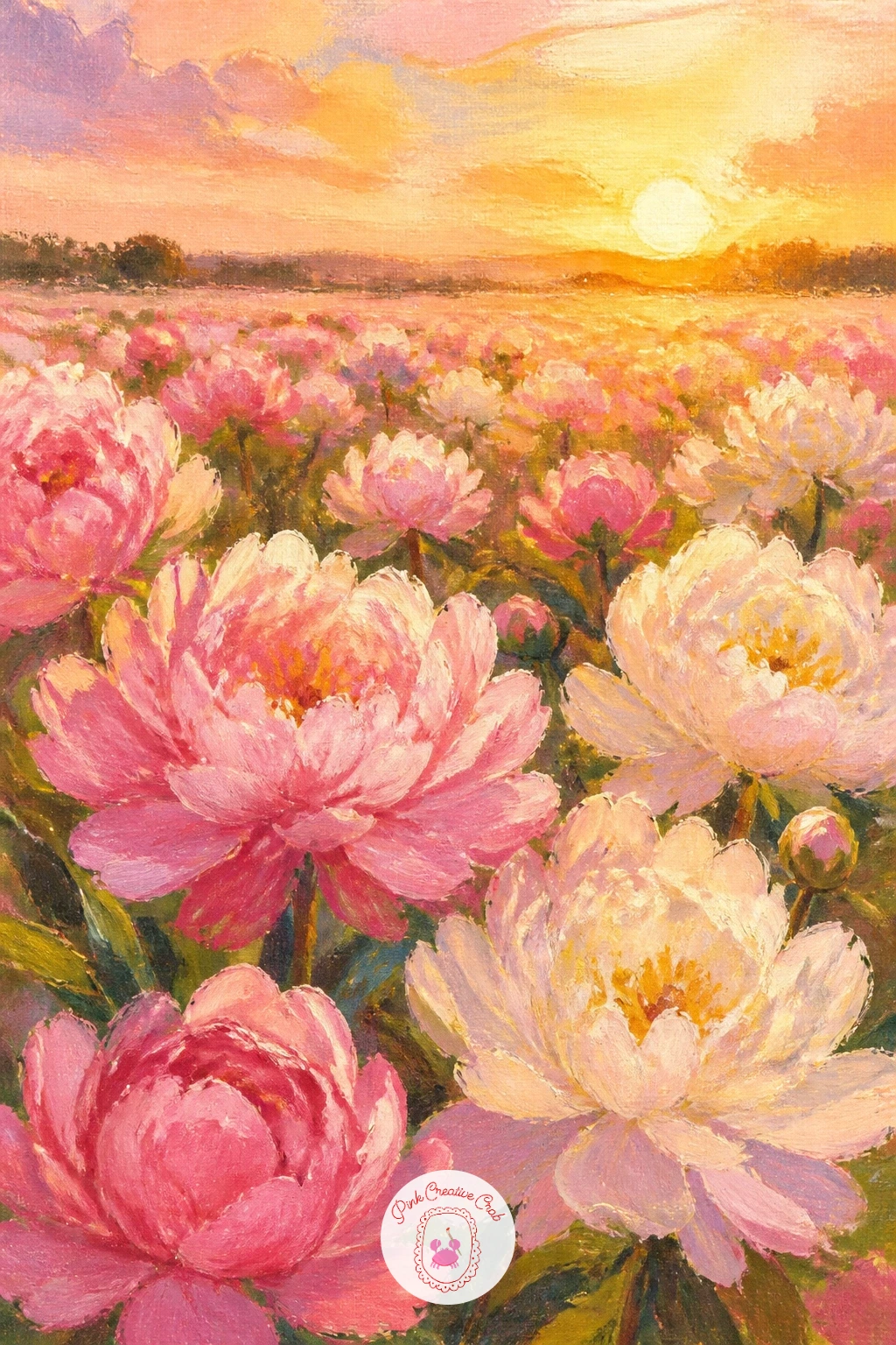 Peony Field At Golden Hour — Widen the view for a peony field at golden hour, a small landscape that leans on warm light rather than individual flower detail.