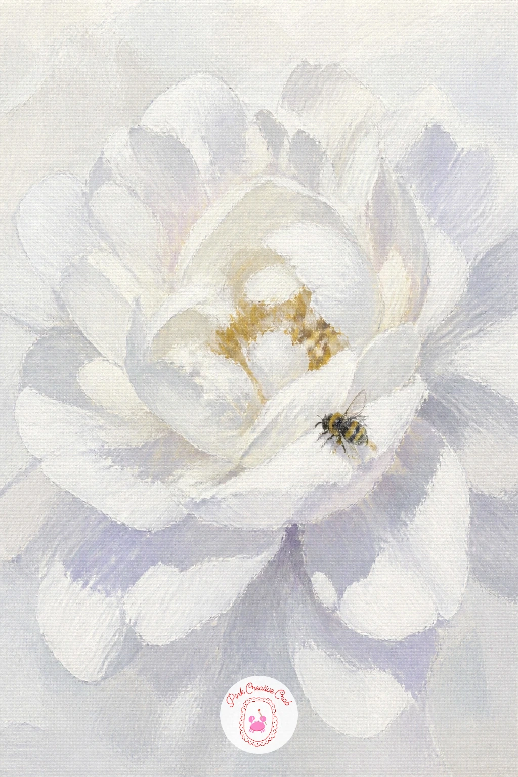 White Peony With A Bee — Shift to a cooler palette with a white peony with a bee, which is really a lesson in painting white petals using shadow instead of