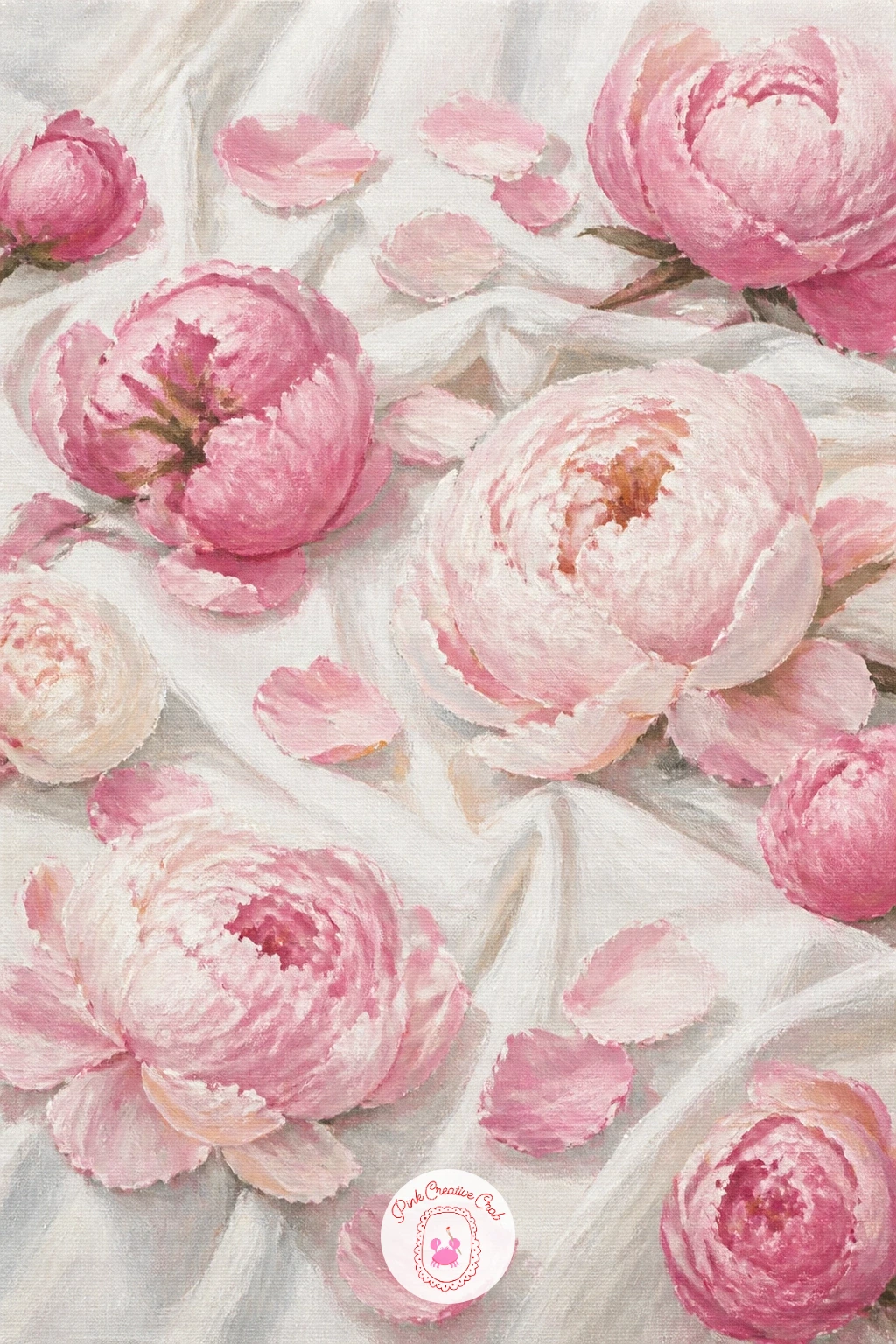 Peonies Scattered Across A Bed — For something dreamier, paint peonies scattered across a bed, where soft white linen and loose petals work together as one