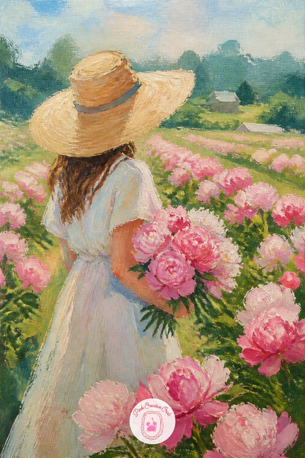 Girl In A Sun Hat At A Peony Farm — Bring a figure back into the mix with a girl in a sun hat at a peony farm, a scene that pairs a simple figure with rows of