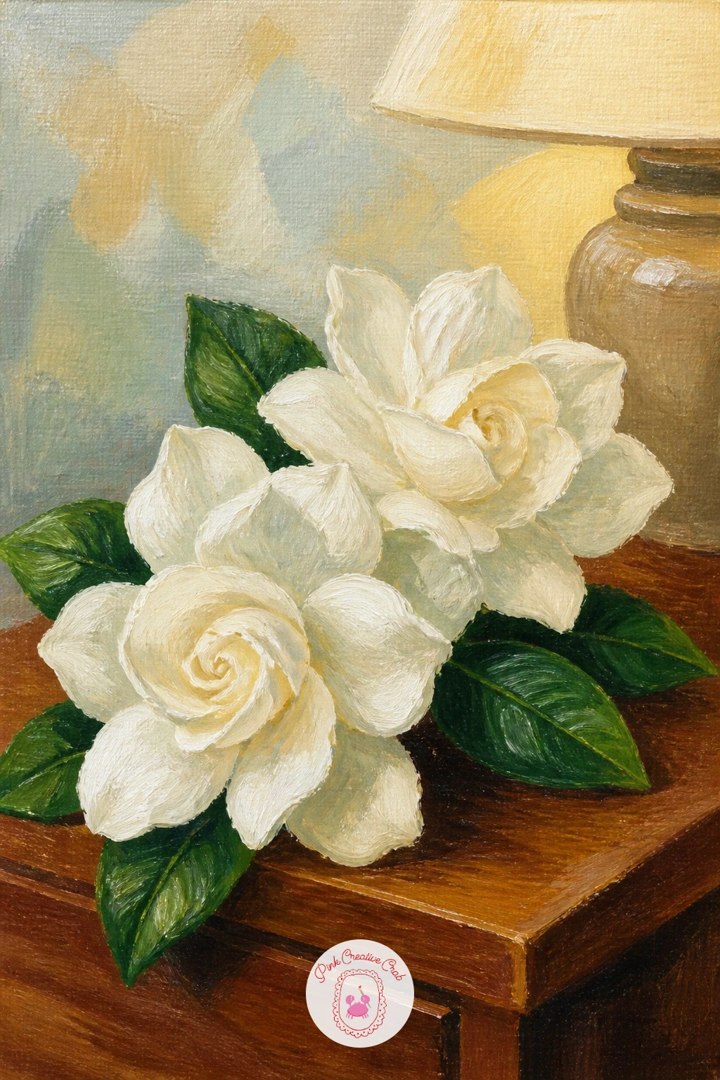 Gardenias On A Nightstand — Bring the scene indoors again with gardenias on a nightstand, a quiet still life built around the gardenia's dense, waxy white