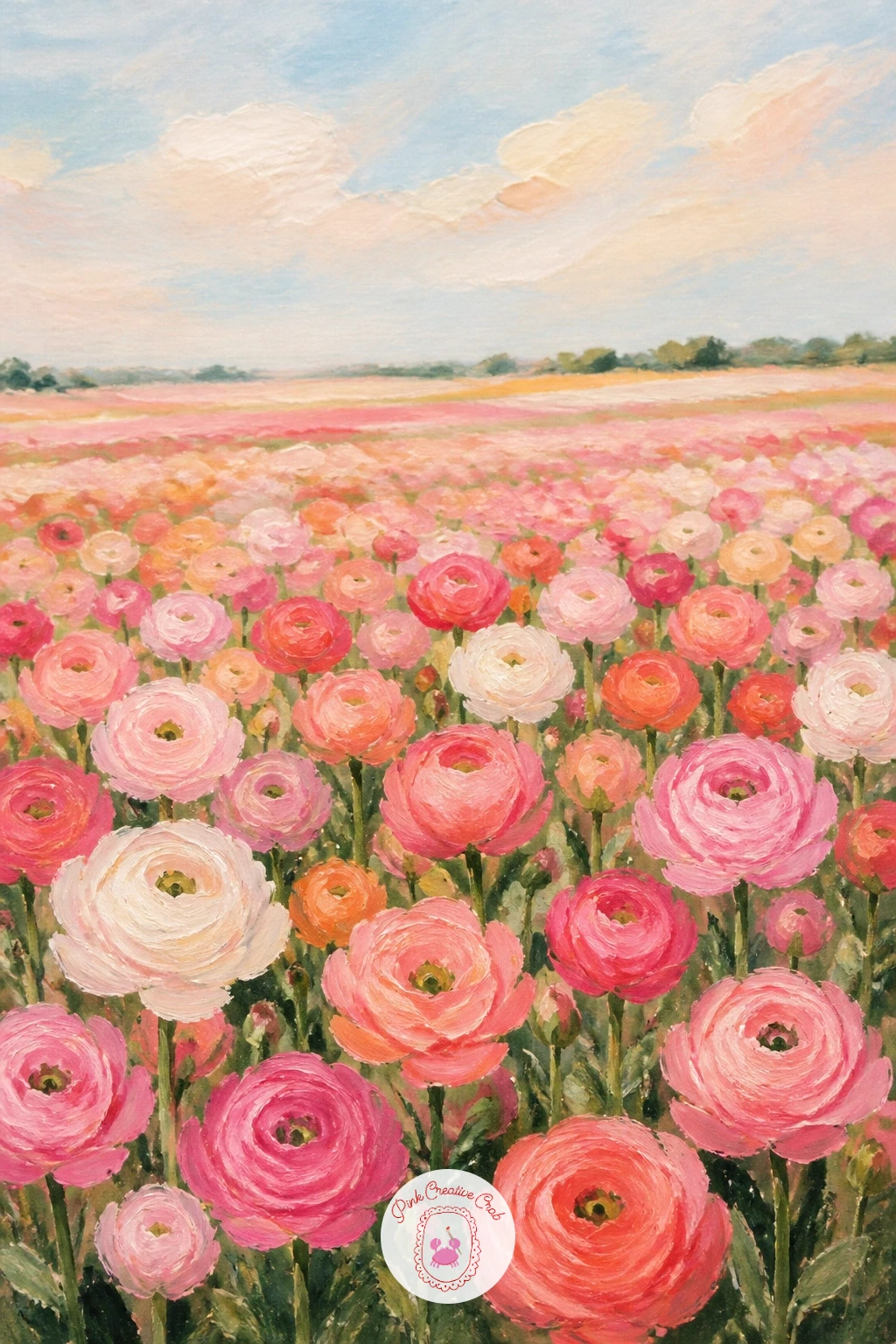 A Field Of Ranunculus — Return to a landscape view with a field of ranunculus, using the same depth trick from the earlier peony field but with this bloom's
