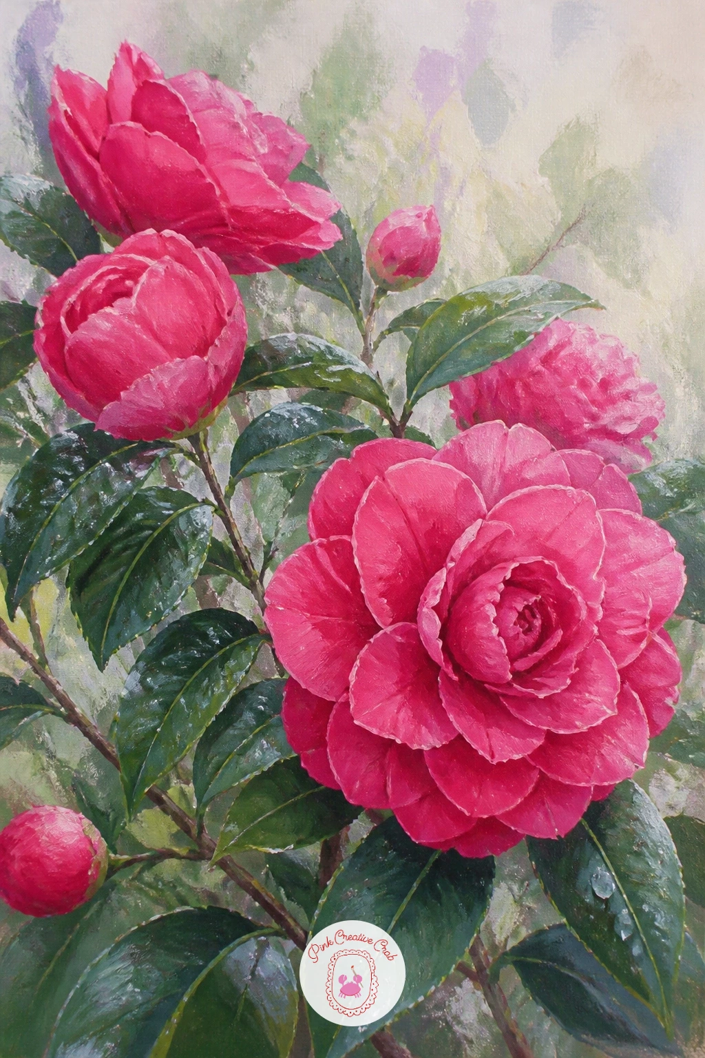 A Camellia Shrub After Rain — Add a weather element with a camellia shrub after rain, which brings in water droplets as a small textural challenge on top of