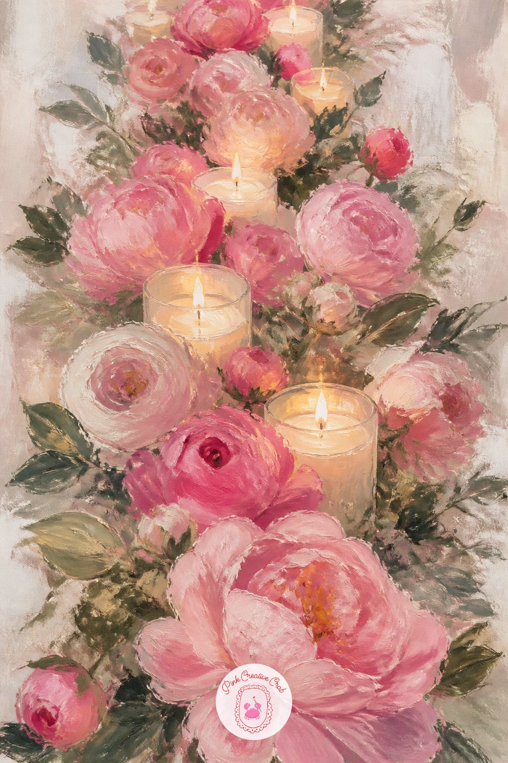A Dinner Table Runner Of Blooms And Candles — Build a wider scene with a dinner table runner of blooms and candles, a gentle still life stretching horizontally