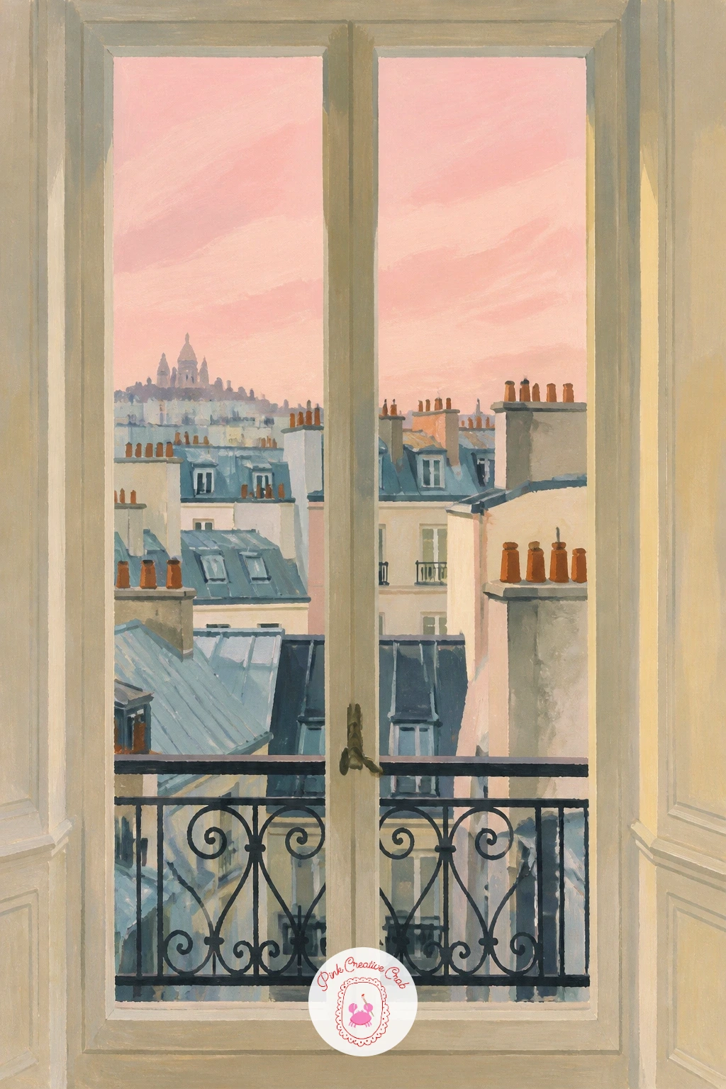 Paris Window Over Zinc Rooftops — Rooftops in Paris read as a simple pattern once you stop trying to paint every chimney, so this view is friendlier than it