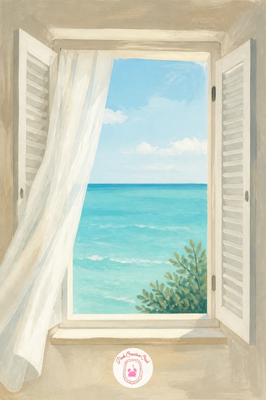 Turquoise Sea Through Open Shutters — Open shutters and a bright turquoise sea make a forgiving first project, because the water is just a few flat bands of