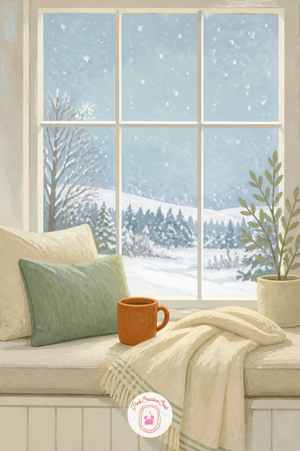 Window Seat With a Mug and Falling Snow — A window seat with a mug beside it brings the coziest kind of story to this idea, and it starts not with the window