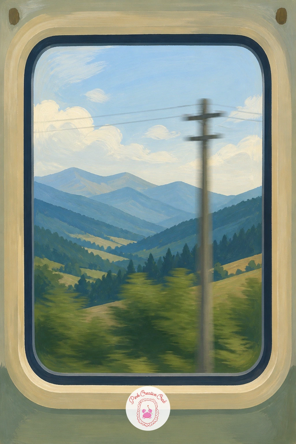 Train Window With Mountains Passing — Mountains seen from a moving train carry a sense of speed that you can build right into the brushwork, so loosen your