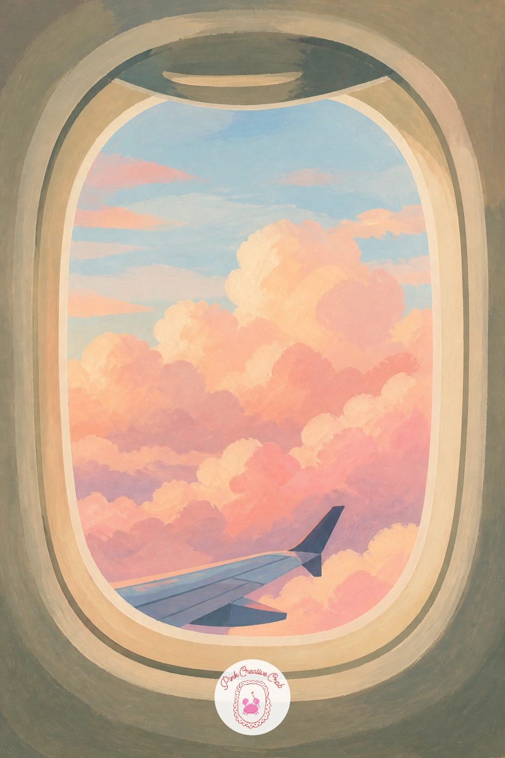 Airplane Window Above Pink Clouds — Clouds from above give you permission to paint loosely, since nothing here needs a hard edge. Window view painting