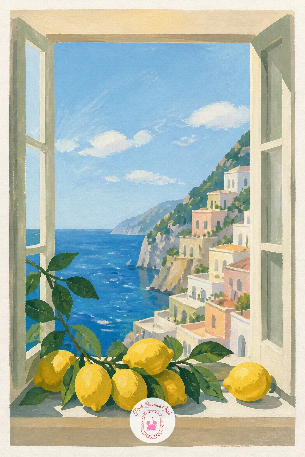 Amalfi Hotel Window With Lemons on the Sill — Lemons on a sunny sill are the kind of detail that makes a whole painting feel like a holiday, so give them real