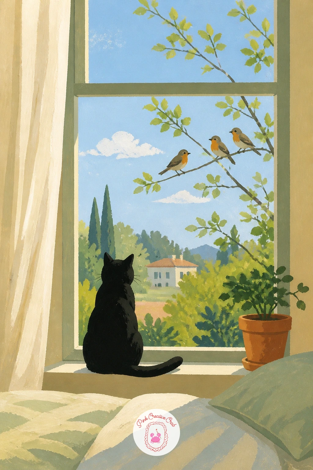Bedroom Window With a Cat Watching Birds — A cat at the window turns this into a tiny story rather than just a view, so decide on the cat's pose before