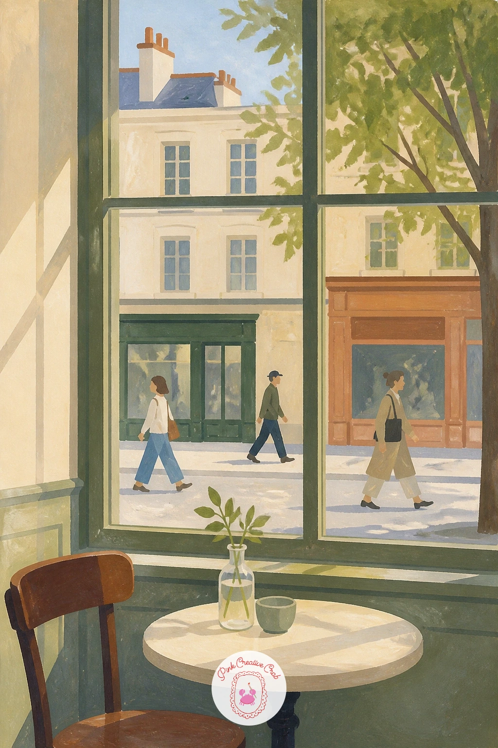 Cafe Window With People Walking By — People passing a cafe window work best as suggestions rather than portraits, so keep every figure small and simple. Window