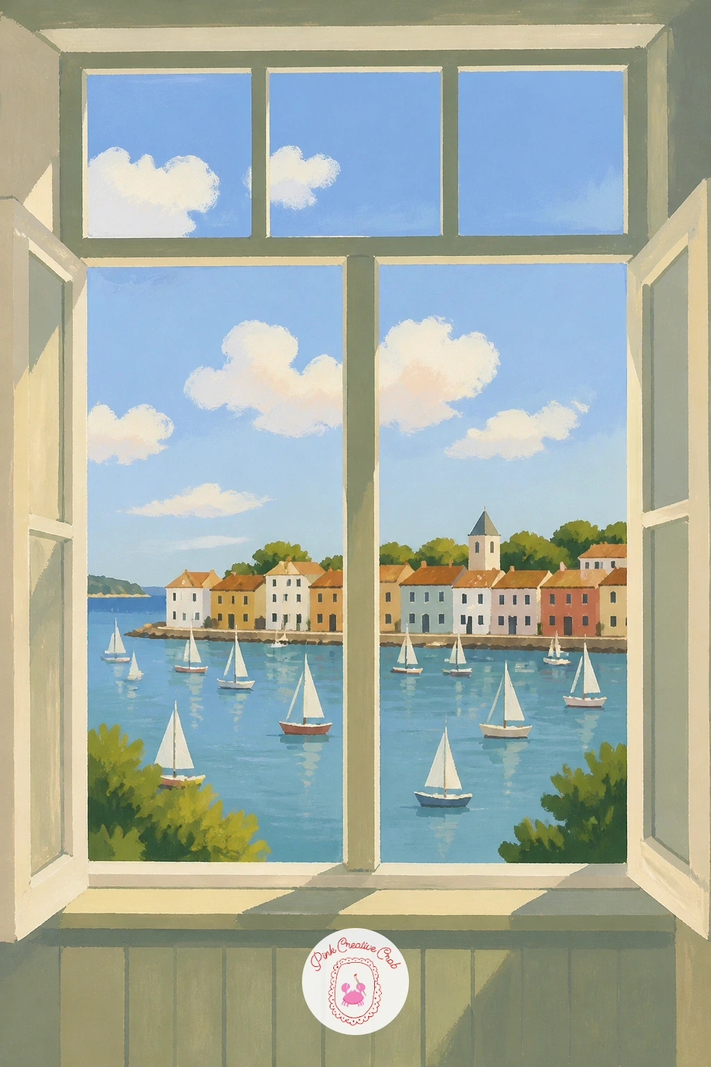 Window Over a Harbor With Sailboats — A harbor full of sailboats sounds complicated until you treat every boat as just two or three flat shapes. Window view