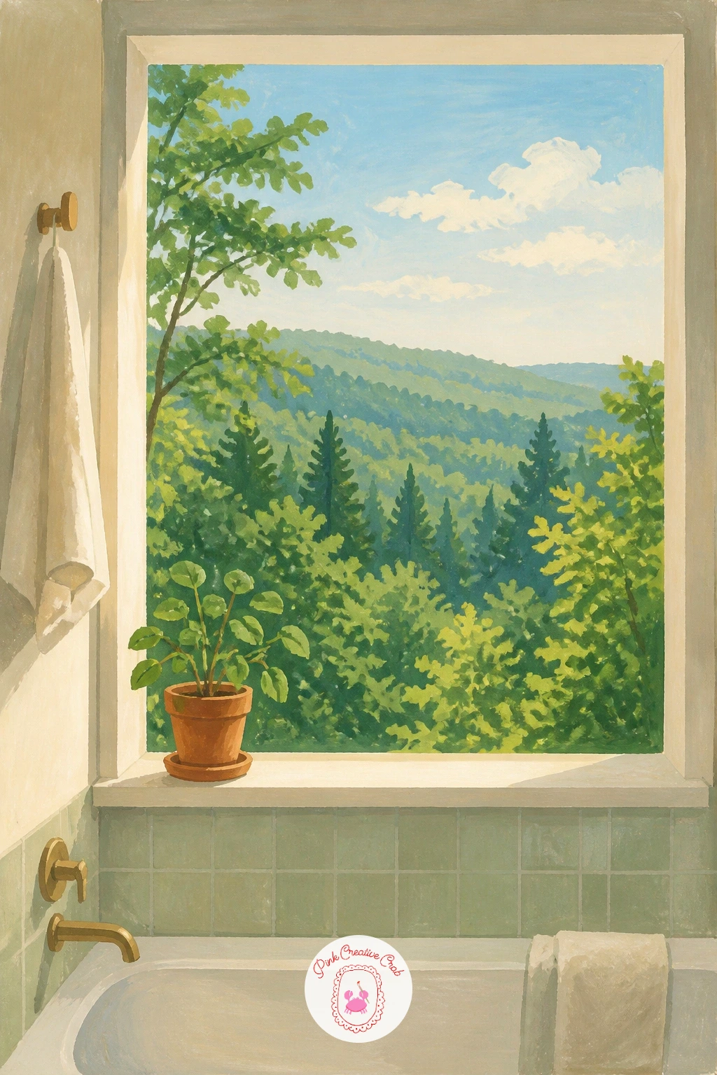 Bathroom Window Over a Forest — A bathroom window with a forest view brings a nice contrast between a clean indoor edge and a wild, leafy outdoor one, so keep