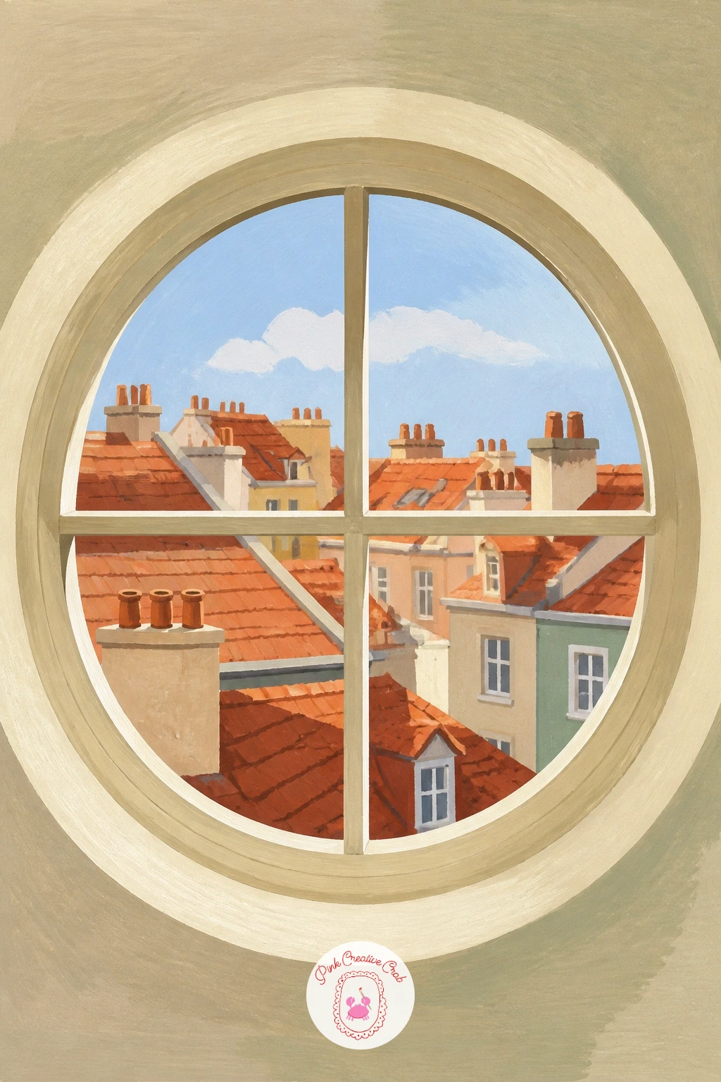 Round Attic Window Over Red Rooftops — A round window gives this one an instant charm, so get the circle right before anything else goes in, tracing around a