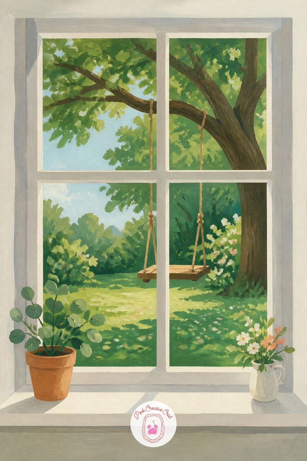Window Looking Onto a Garden Swing — An empty swing in a garden carries a quiet, wistful feeling that is worth leaning into, so give it a little space of its