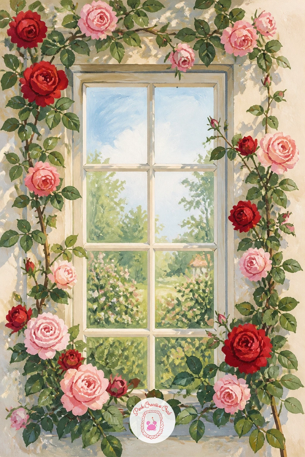 Cottage Window With Roses Climbing Around It — Roses climbing a window frame let you practice small repeated shapes without worrying about a complicated view