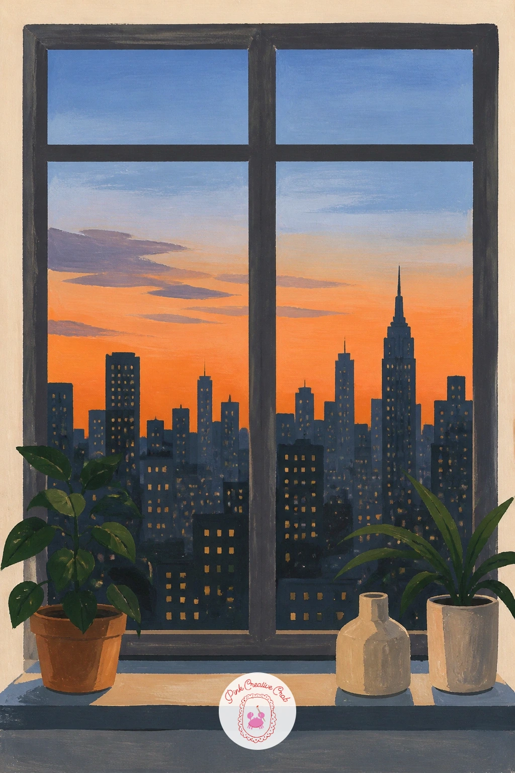 City Apartment Window With Skyline at Dusk — Dusk gives a city skyline its best colors, so this is a nice chance to practice a gradient sky before anything