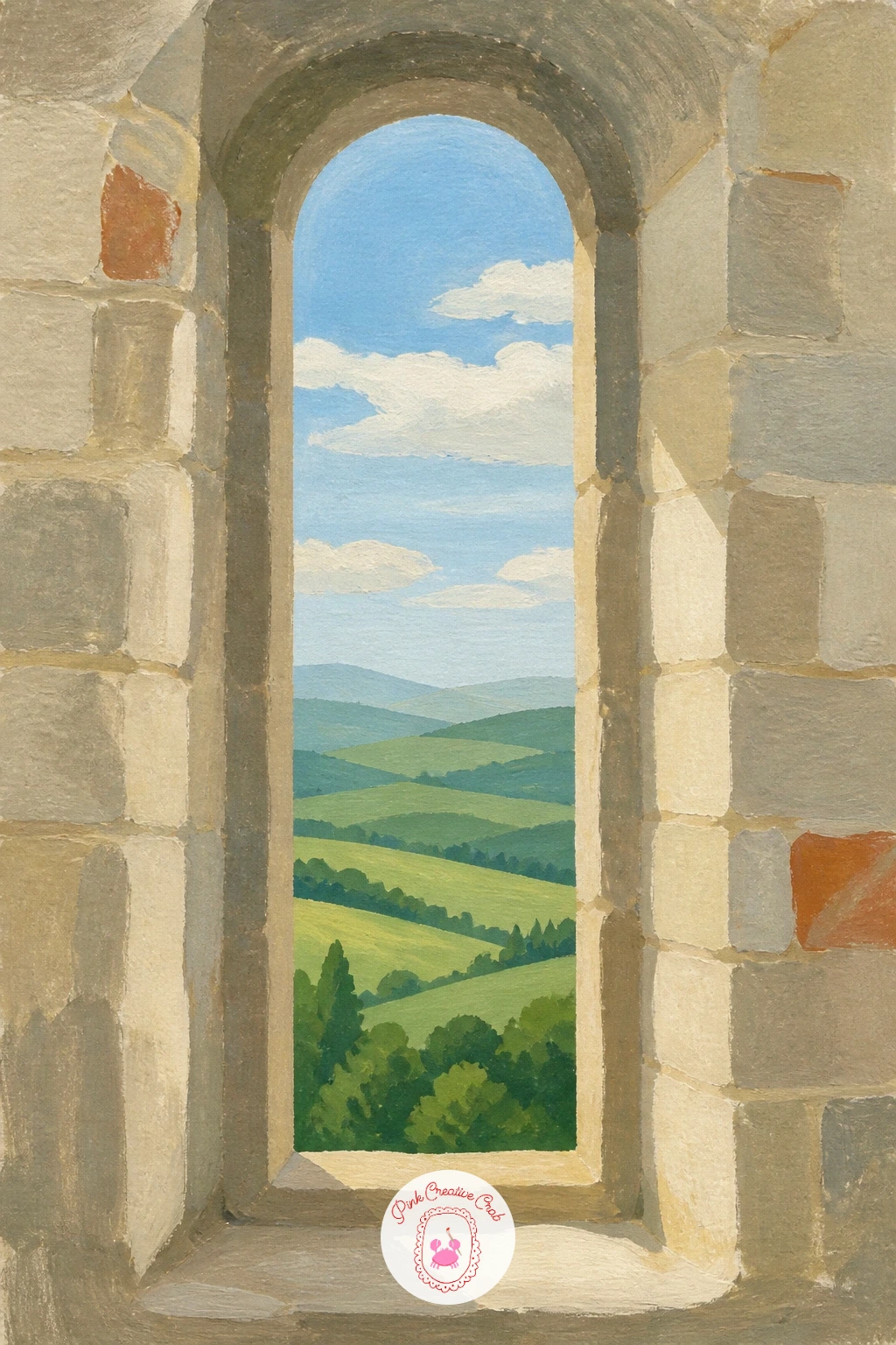 Castle Tower Window Over Green Hills — A narrow castle window naturally crops the view into a tall slim shape, which makes the whole composition feel dramatic