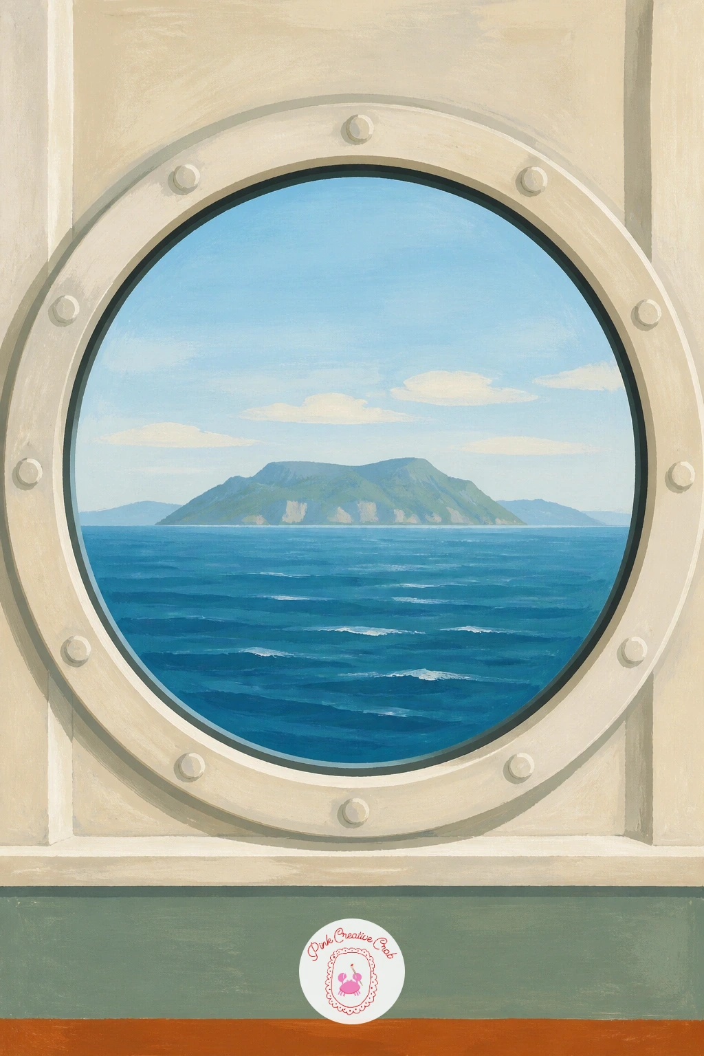 Ferry Window With an Island Ahead — An island sitting ahead through a ferry window makes a satisfying little destination to build the whole painting toward.
