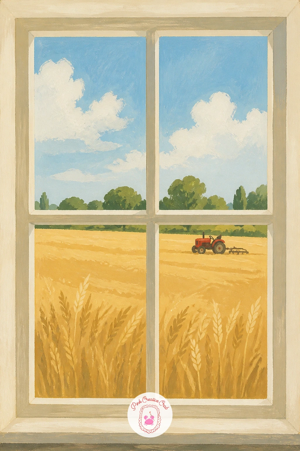 Window Over a Wheat Field With a Red Tractor — A red tractor gives this golden wheat field a focal point that pulls the whole painting together, so place it