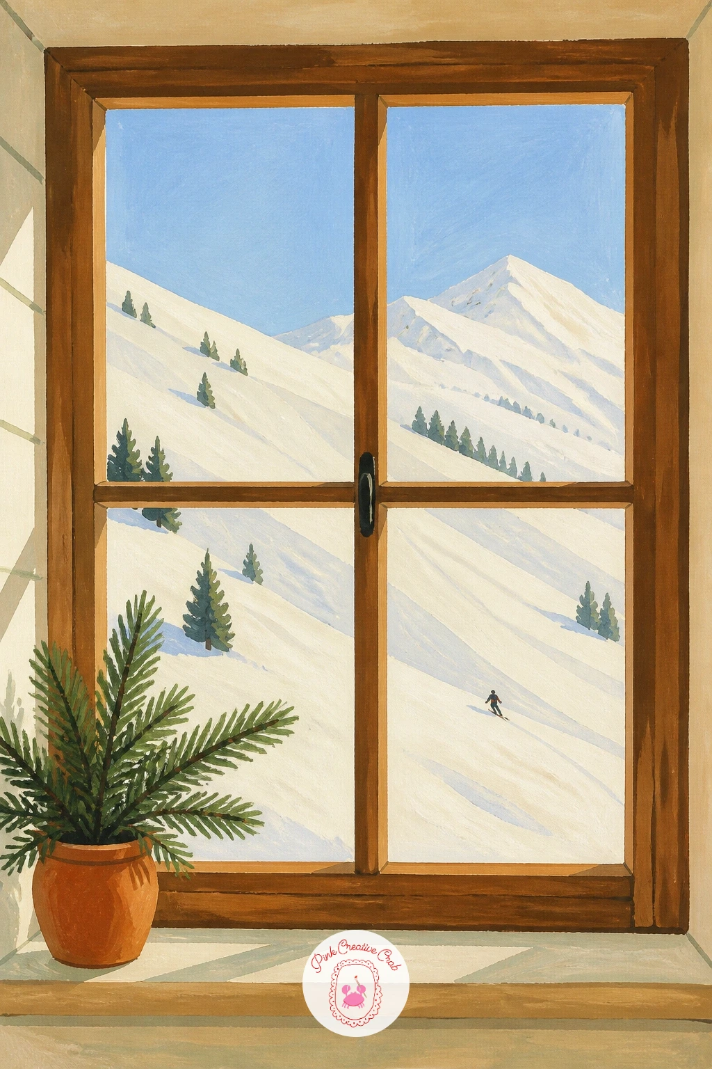 Ski Chalet Window Over a Slope — A snowy ski slope lets white paper or a pale wash do most of the work, so this one is about restraint as much as painting.