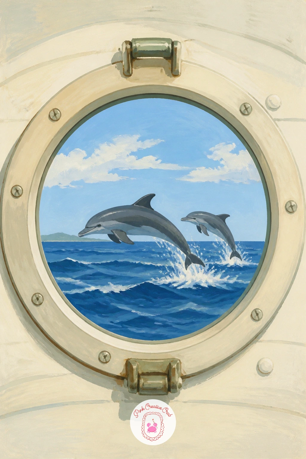 Boat Cabin Porthole With Dolphins — Dolphins mid-leap bring energy to a boat cabin view, so sketch their arching bodies before you paint any water around them.