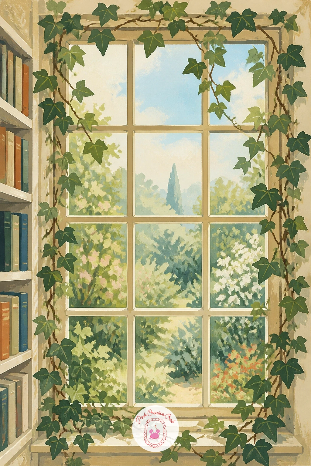 Library Window Framed With Ivy — Ivy creeping around a library window gives you a chance to paint greenery with real character instead of a tidy, trimmed look.