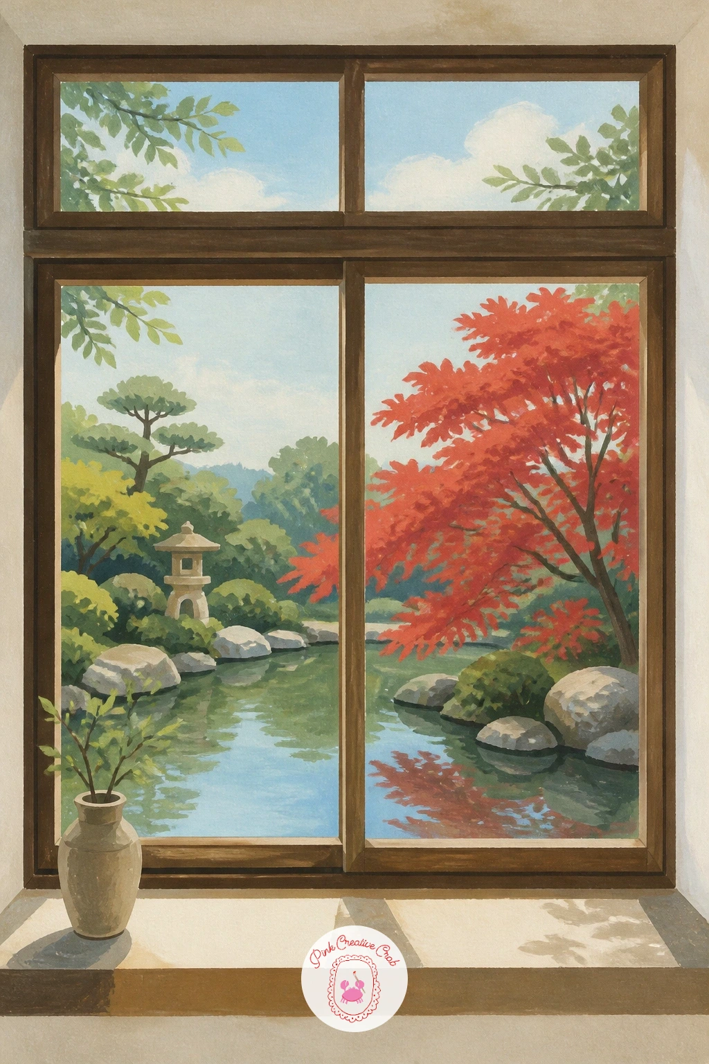 Window Over a Japanese Garden With a Maple — A Japanese maple gives this view its whole personality through color alone, so let the tree's fiery red take