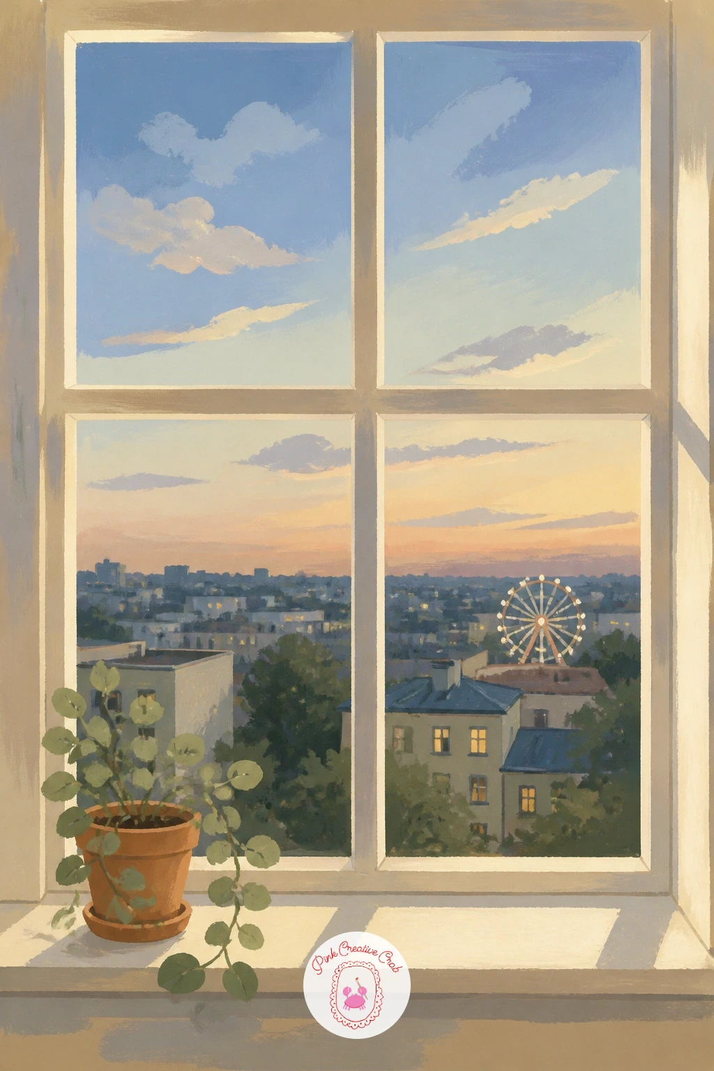 Window With a Ferris Wheel in the Distance — A ferris wheel glimpsed far off gives a soft, nostalgic feeling to an otherwise simple skyline, so keep it small