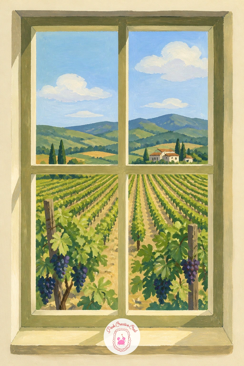 Window Over a Vineyard at Harvest — Rows of grapevines marching into the distance make a satisfying pattern once you think of them as simple repeated shapes